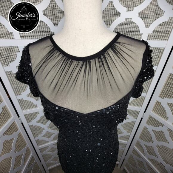 Adrianna Papell Black Sequin Embellished Mesh Neckline Sheath Dress Size 8 - Picture 3 of 12